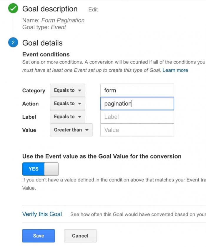Pagination Goal in Google Analytics