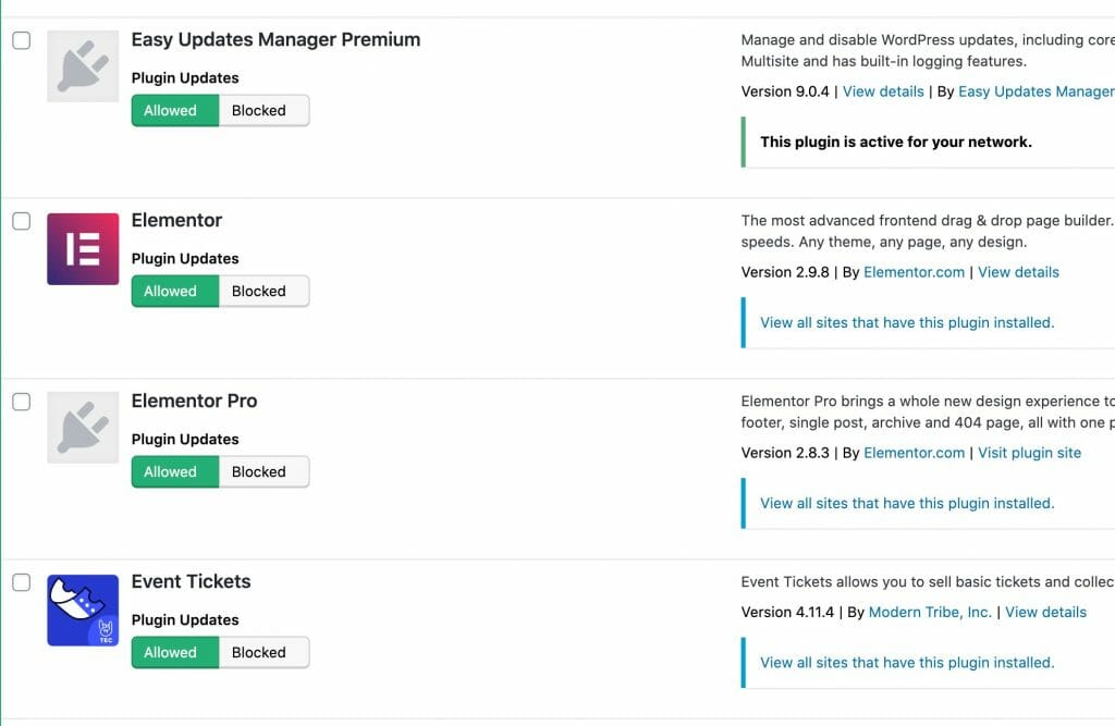 Easy Updates Manager Plugin Screen