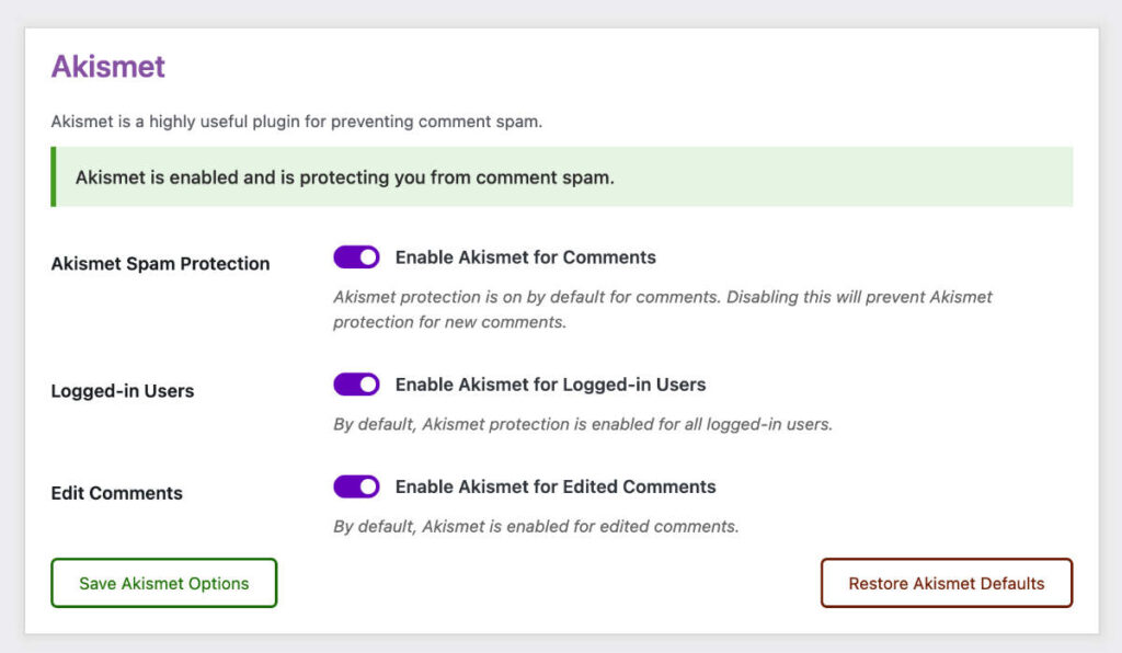 Akismet Comment Edit Pro Options