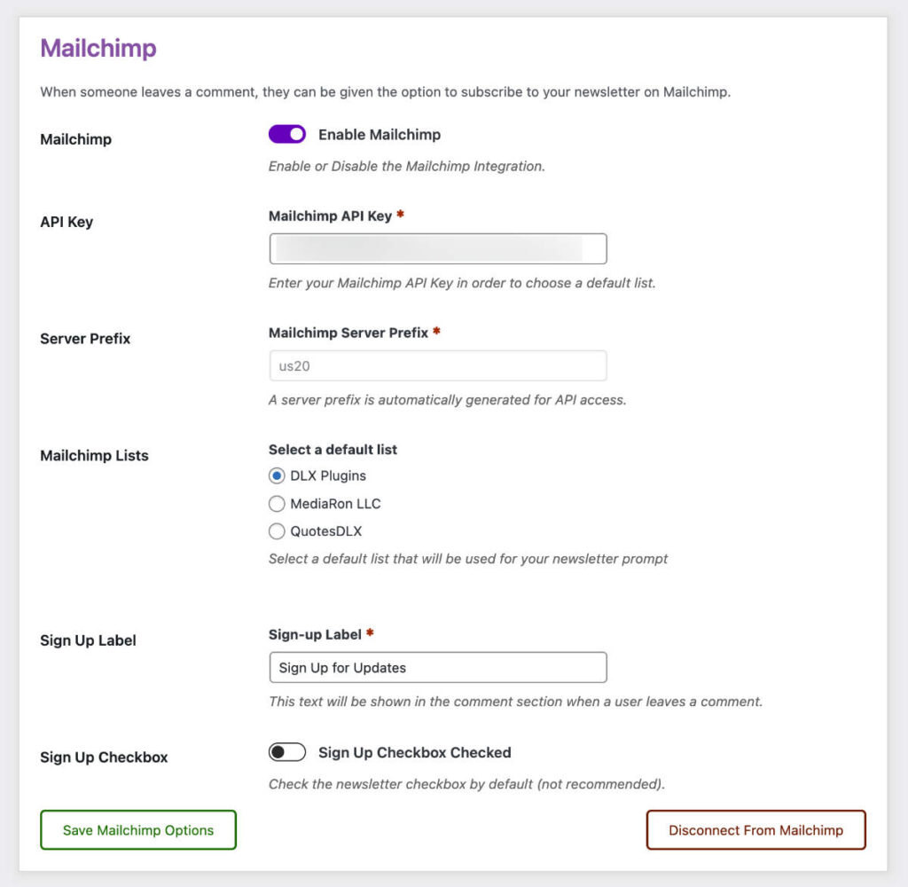 Mailchimp Comment Edit Pro Options