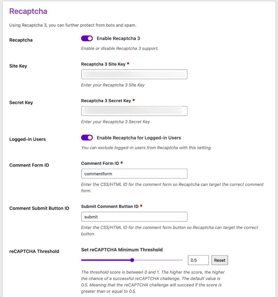 reCAPTCHA 3 Admin Settings
